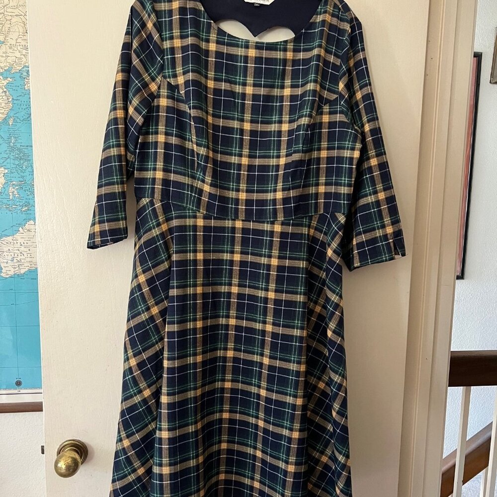 Unique Vintage Royal Monk Plaid Heart Cutout Fit Flare Dress Fall Size 2XL NWOT